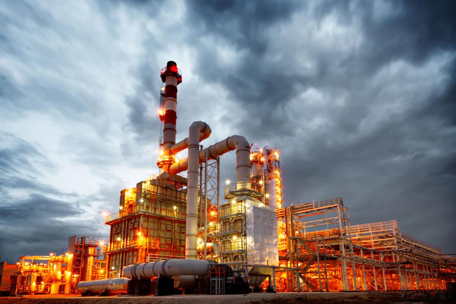 Energy processing facility at dusk